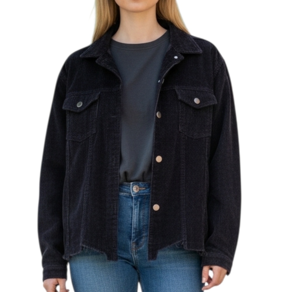 POL Distressed Black Corduroy Jean Jacket - Preloved Coat